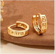 NEW VERY SMALL HUGGIE GREEK KEY ROUND HOOP EARRINGS 18k YELLOW GOLD PLATED .51"