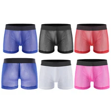 Mens See Through Mesh Sheer Boxer Briefs Loose Swim Trunks Shorts Sexy Underwear