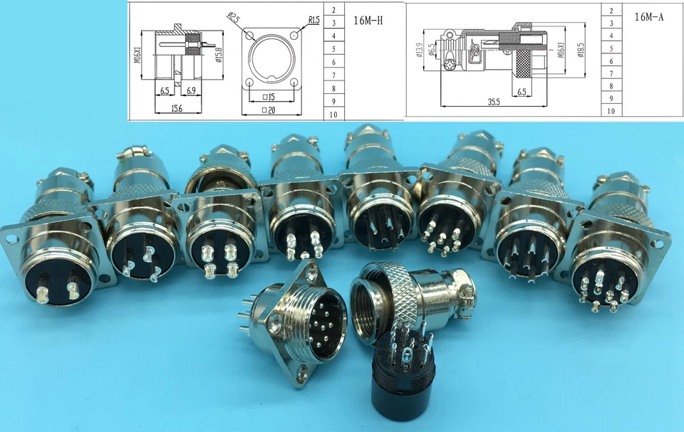 HQ 3P 4P 5P 6p 7 8Pin 9Pin 10pin Aviation Plug Connector M16 Panel Mount square