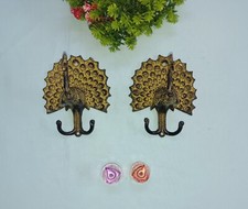 Rainy Peacock Wall Hanger Brass Royal Peafowl Art Work Wall Cloth Hook Set CA967
