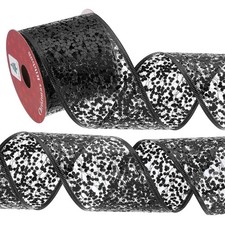 2.5"x 10Yards Glitters Yarn Ribbon Polyester Mesh Ribbon Sequined Edge Black 