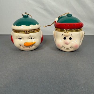 Christmas Snowman And Elf Face Ceramic Trinket Box Ornament Set Hinged Lid