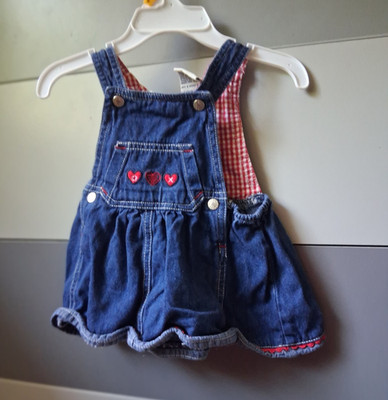Jessica Simpson Girls Denim Overall Dress Gingham Pockets 9-12 Months