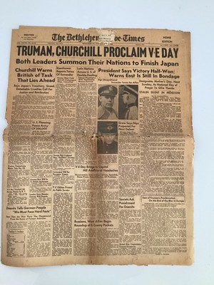 Original WWII US Newspaper V-E Day, May 8, 1945 Bethlehem Globe Times, PA