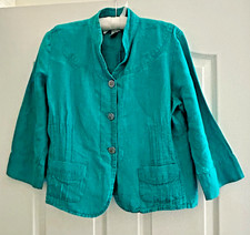 Jacket Chico's 100 linen turquoise Sz Small not 2 , 3/4 sleeve buttons pockets
