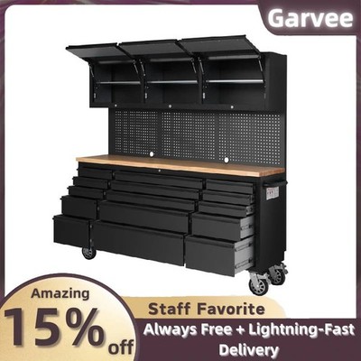 Heavy-Duty 72in Tool Chest 15 Drawers Steel Rubber Wood Workbench Rolling Key Lo