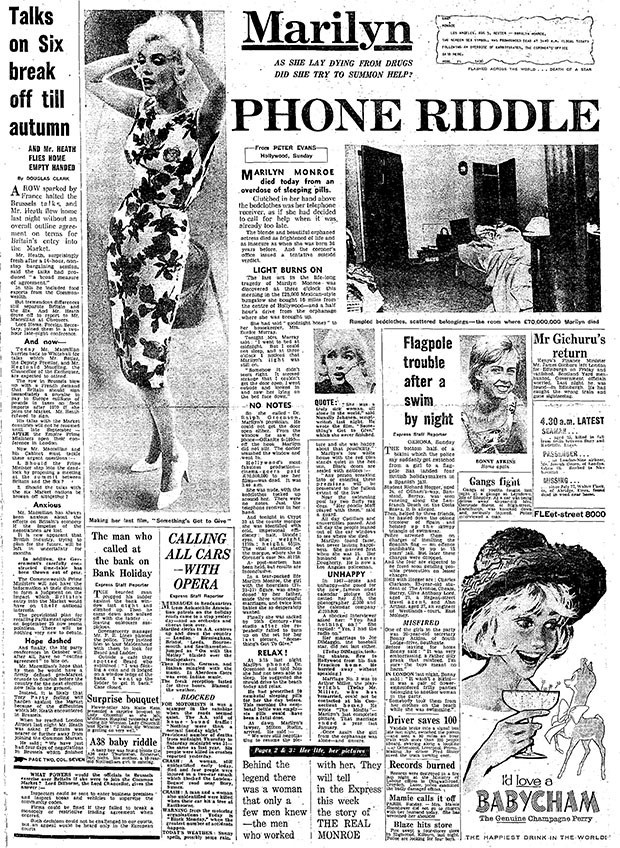 RARE UK MARILYN MONROE NEWSPAPER 1962 DEATH FRONT PAGE PHOTOS PHONE RIDDLE.