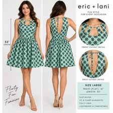 Eric + Lani Dress Size Large Mint TealBlack Floral Fit Flare Skater Cutout Back