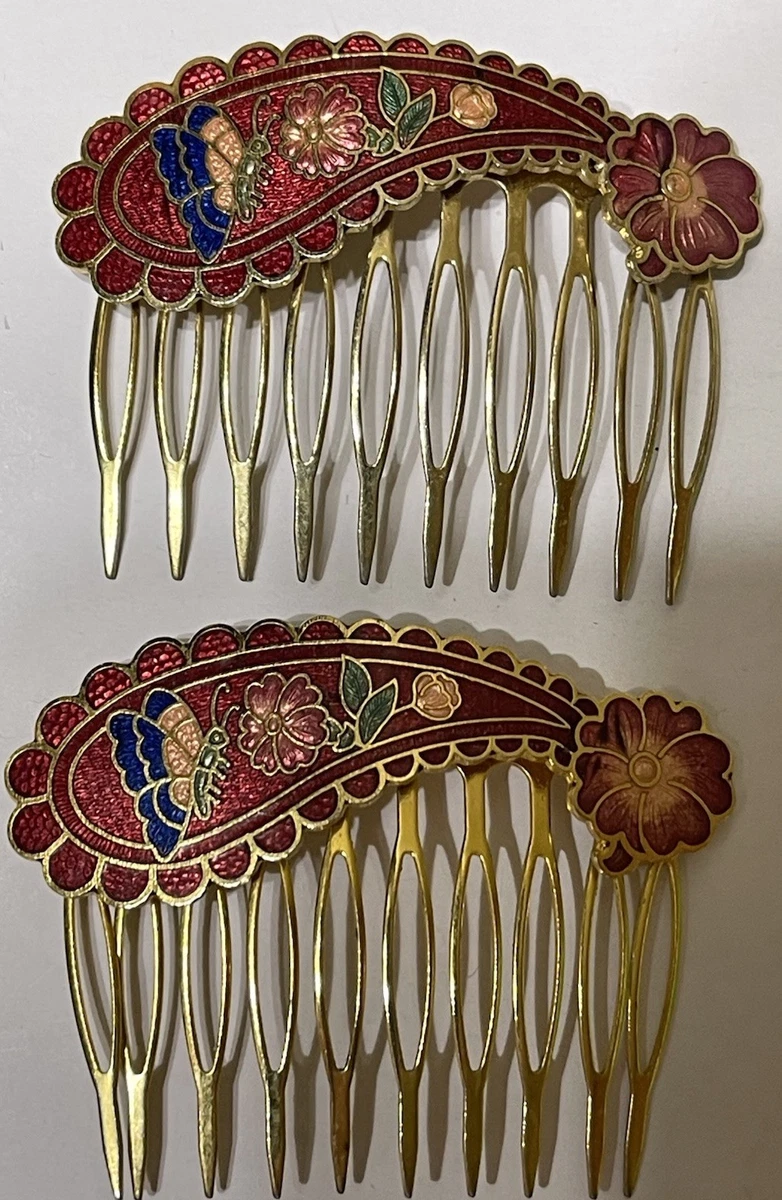 Cloisonné Floral Vintage Gold Hair Comb - and Earrings Decorative Set Vtg cloisonne hair combs - Gem main image 2