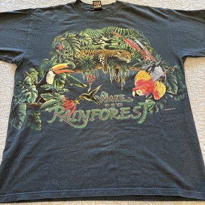 Wake Up in the Rainforest Vintage Size Large Navy Animals Single Stitch Habitat