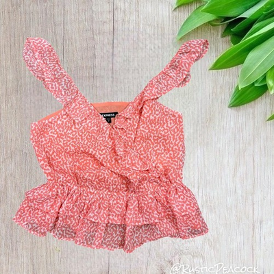 #ad Express Top Womens S Coral Pink Abstract Chic Ruffle Strap Surplice Wrap Shirt $23.19