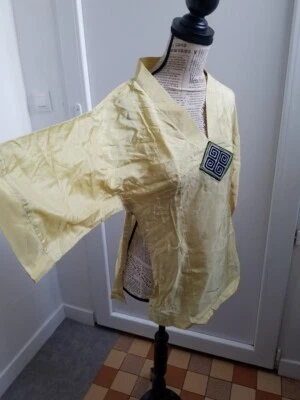 Tunique Femme Brodée 100 soie Col ouvert jaune satin Taille M - Photo 1/4