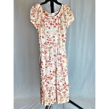 Vintage Nelly Don Dress Floral 1950s Belted Red Cream Day Dress Short Sleeve
