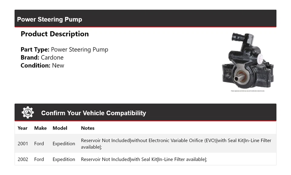 适用于 2001 - 2002 年福特 Expedition 动力转向泵 Cardone — 第 2/4 张图片