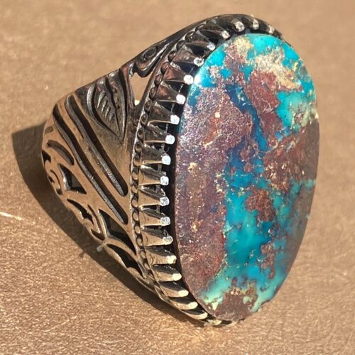 Big 925 Sterling Silver Men's Ring natural shajari turquoise stone فيروز شجري
