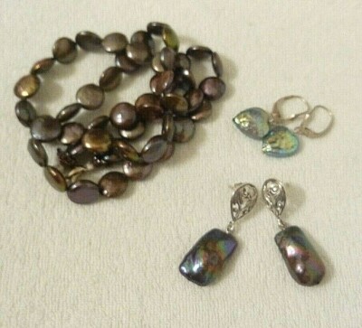 Elegante Scheibe PERLE Perlen Halskette Kreise & zwei Ohrringe Sterling 925 Silber