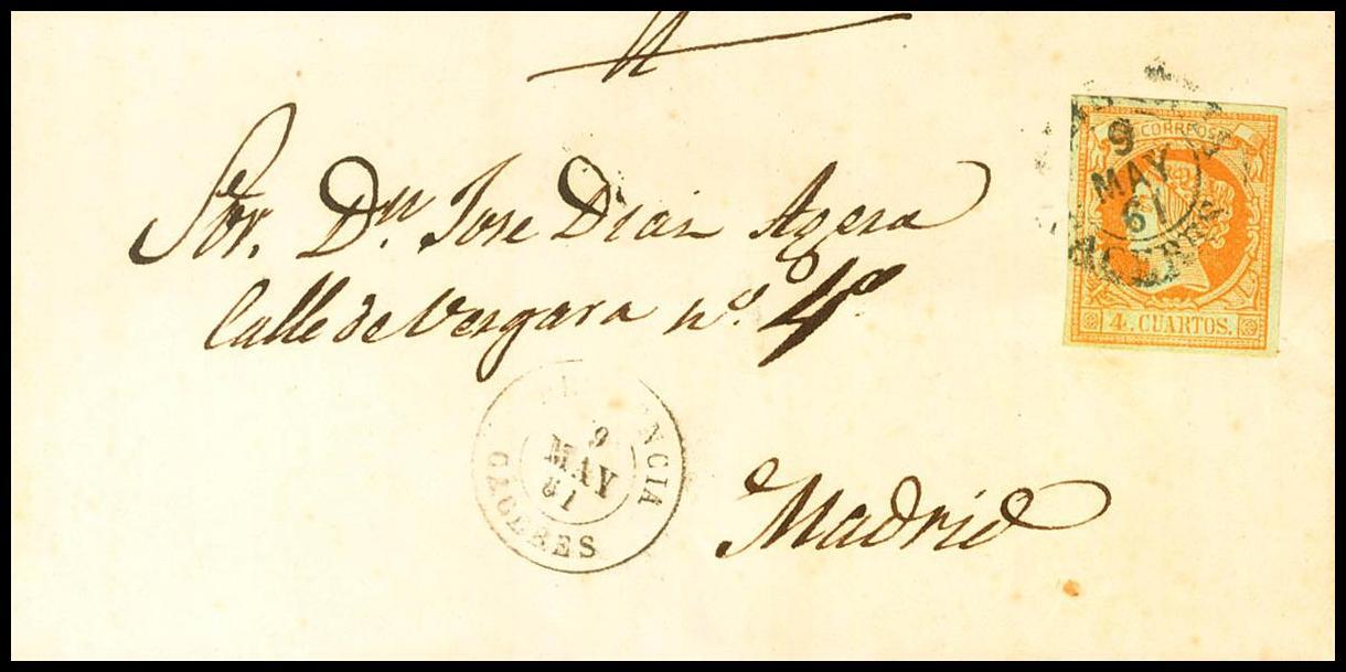 Extremadura. Historia Postal. SOBRE 52. 1861. 4 cuartos naranja. PLASENCIA a M