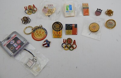 Lot of 15 Vtg Olympic Pins Rings USA FLAG Charms NYC 2012 Athens Key Chain