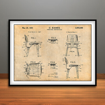 1947 Eames Chair Furniture Construction Patent Print Art Drawing Poster