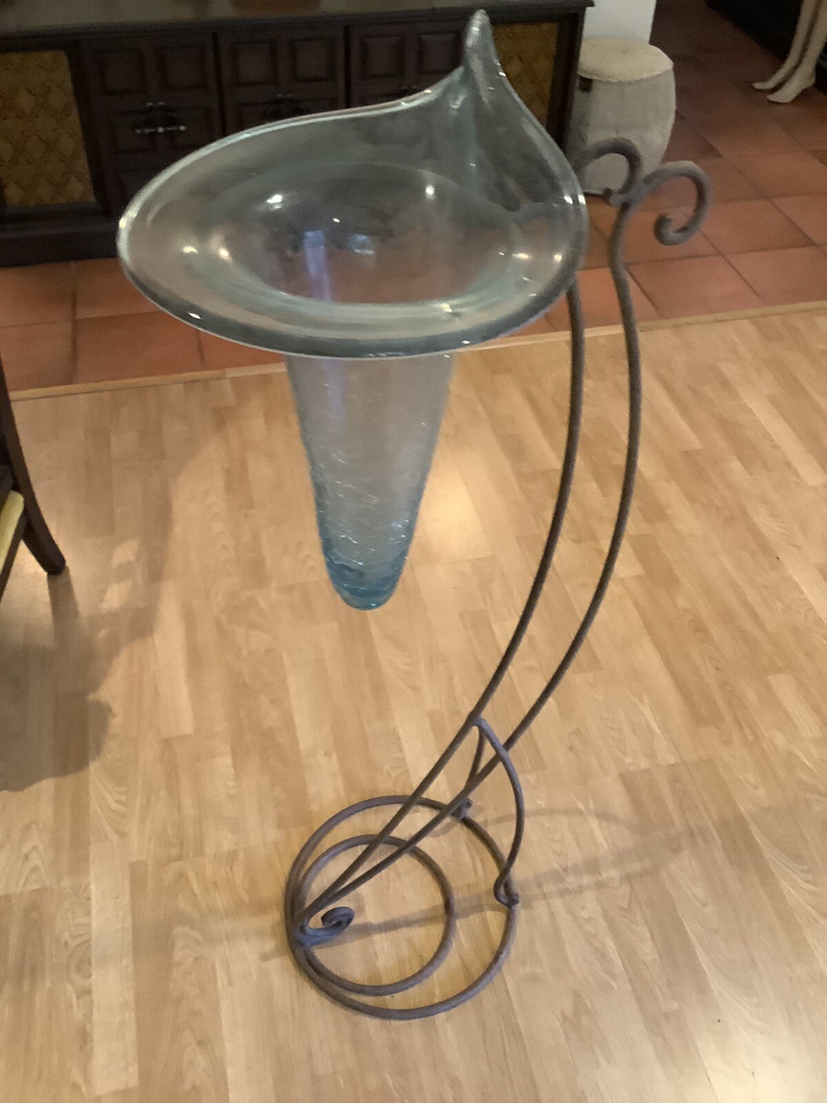 Tall black wrought iron Stand with a cone shaped crackle glass vase eBay
