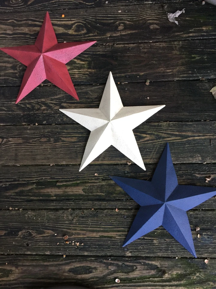 Vintage Primitivo EE. UU. Americana Granero Estrellas Metal Patriótico 15" ÚNICO Set 3 ❤️j8 Foto 2 de 4