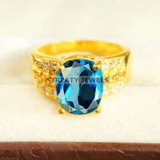 London Blue Topaz Oval With 925 Silver Sterling Gold Plated Ring For Men's #B220