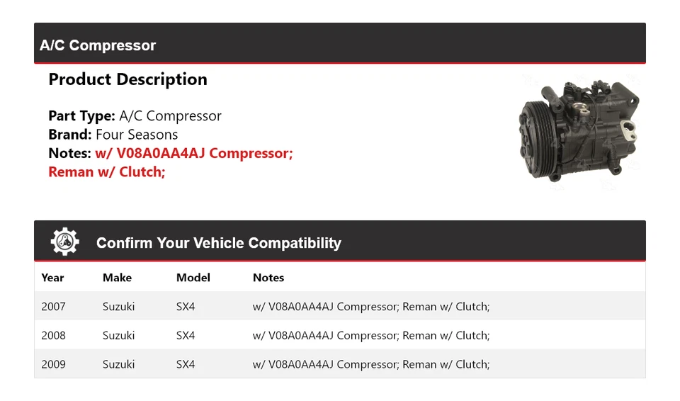 Compresor de aire acondicionado para Suzuki SX4 2007-2009 4 estaciones 2008 Foto 2 de 4