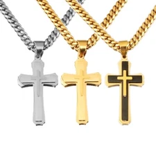 Stainless Steel Three-tiered Cross Pendant Cuban Chain  Necklace 3 Colors
