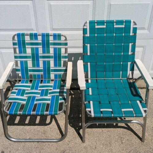 (2) Vintage Sunbeam Aluminum Webbed Folding Lawn Chair Turquoise / White Webbing