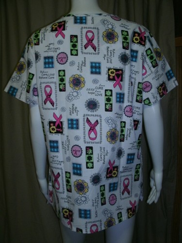 White Scrub Top-Cancer Print-Sh Slv-Scrub Star-NWT-Wms Sz M,L - Picture 5 of 5