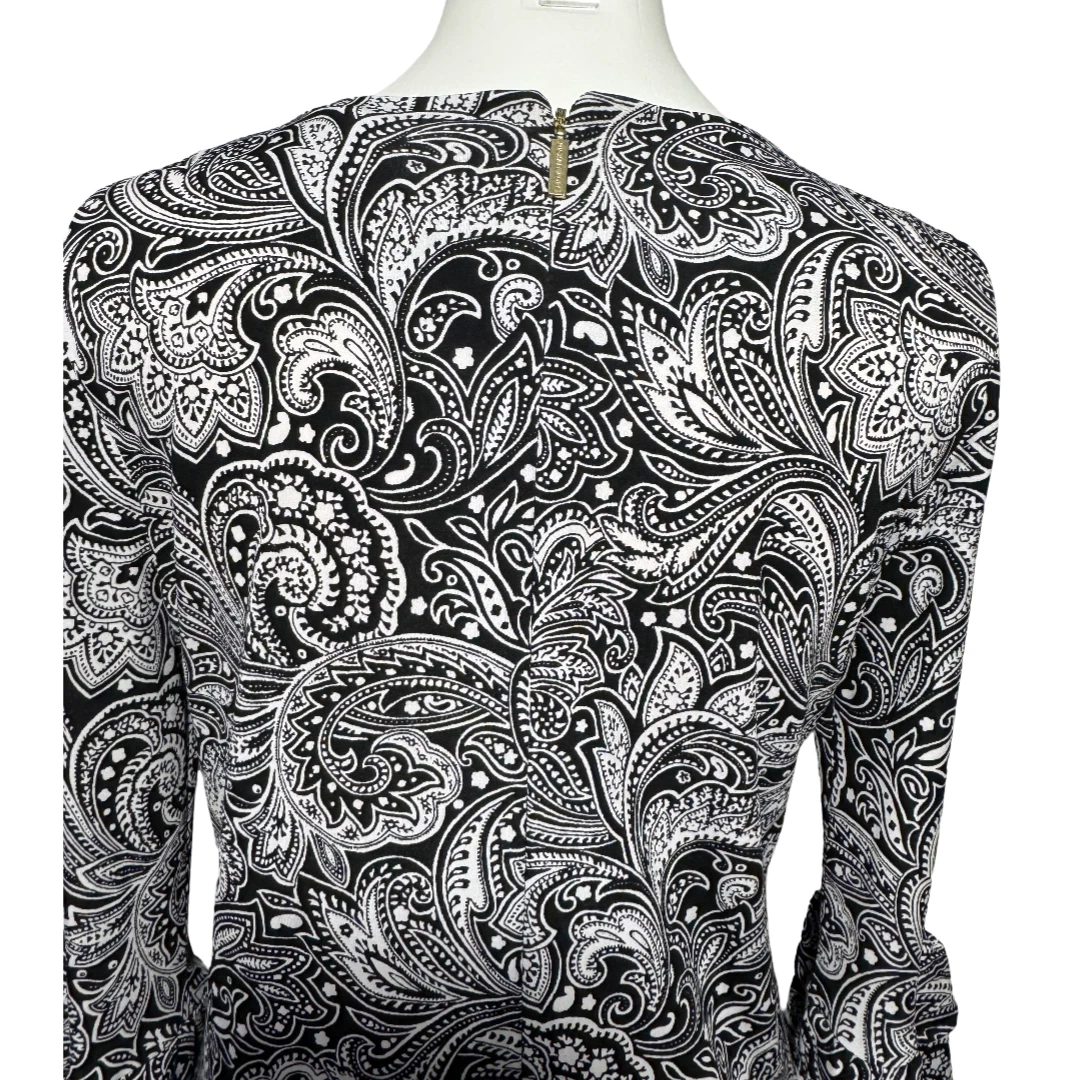 Abito Michael Kors Paisley Elasticizzato Bianco Nero Maniche 3 4 XS Extra Small