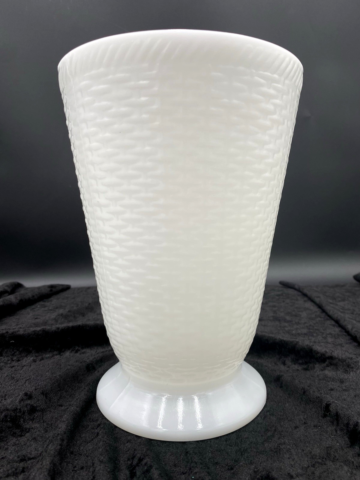 Vintage Large, Embossed Basket Weave Glass Vase, White Milk Glass, #14, 8.5