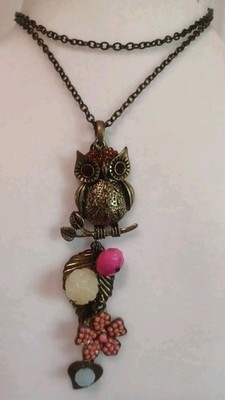 Owl Charm Necklace Vintage Style Bronze Hippie Chic Boho Detailed Charms