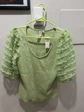 New Dolan Light Green Sheer Puff Sleeve Knit Top - Size Med Anthropologie 