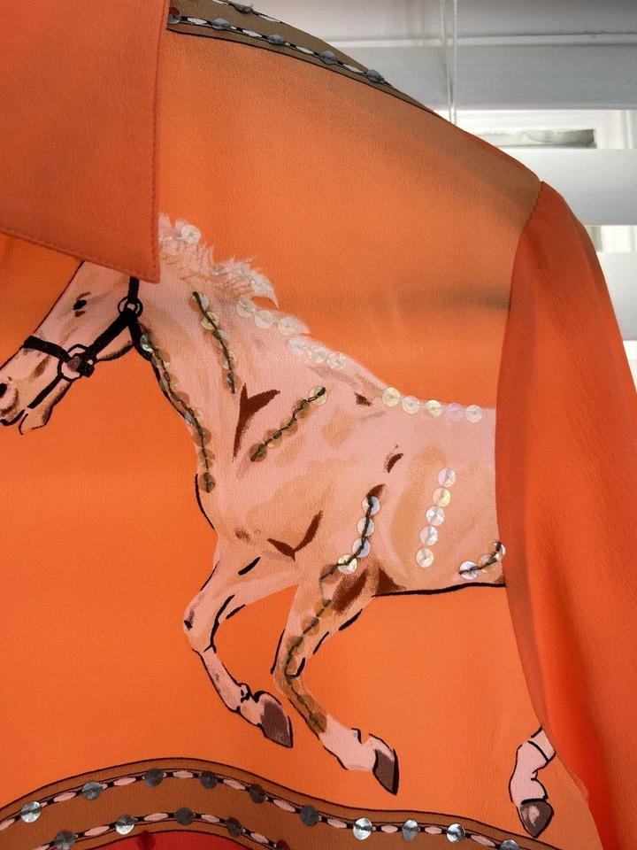 Blusa Retro Vintage Seda Caballo Western Ecuestre Bling Lentejuelas Talla S Foto 4 de 4