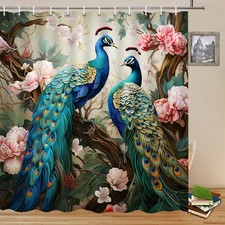 Peacock Shower Curtains Blue Beautiful Bird Pink Flower Two Peacocks Floral P...