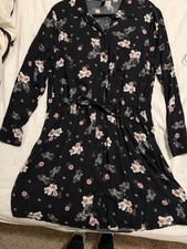 Divided Floral Collared Long Sleeve Button Shirt Dress Black Pink White Size Lrg