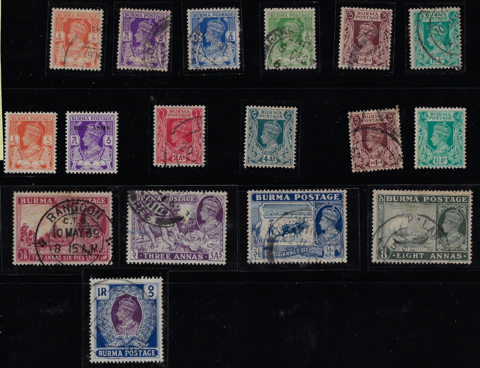 Burma Scott18A-30 used, CV $37.10, 1938 KGVI issue 1p to 1Rp. VF	(a7881