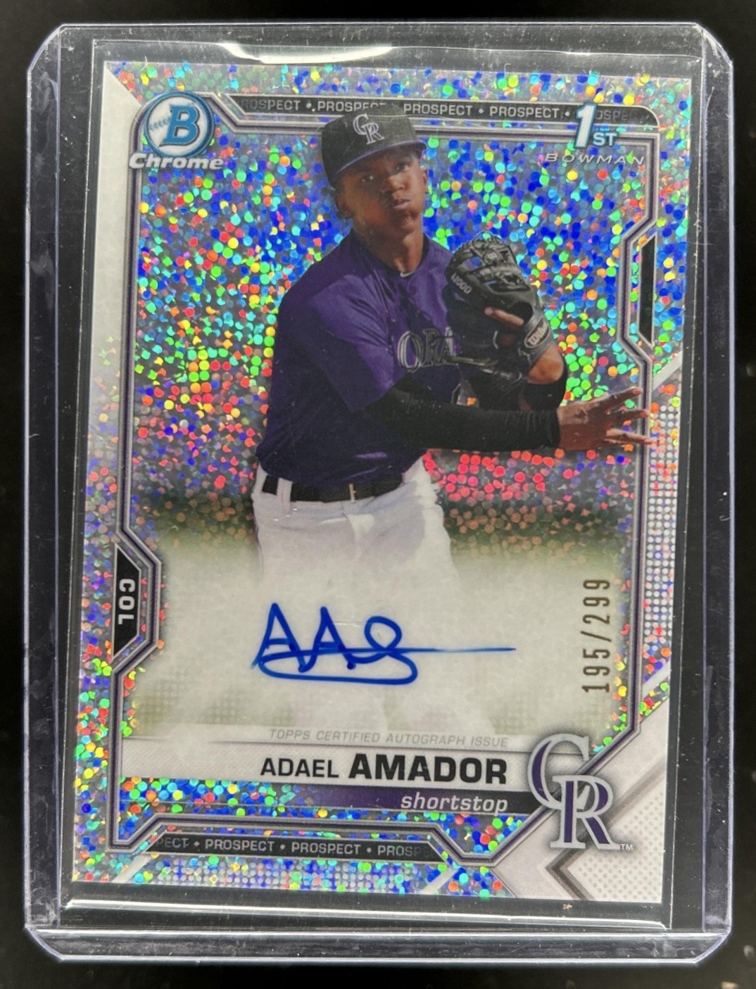 2021 Bowman Adael Amador Chrome Auto 1st Speckle Refractor #/299 Rockies