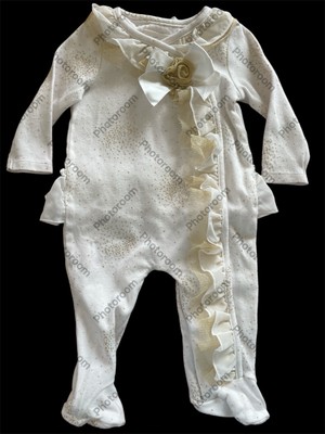 Miniclasix EUC Ivory/Gold Ruffled Tulle Ribbon Trim Sparkly Knit Footie-6 Mos