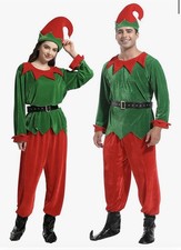 Adult Unisex Elf Costume,Christmas Green Top, Red Pants, Belt, Hat, Shoe Toppers