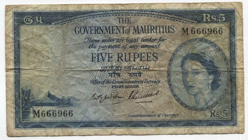 Mauritius 1954 5 Rupees P#27 Fine See Scans