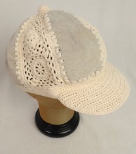 Vintage Boho Hat Patchwork Crocheted Suede Newsboy Cap Beige
