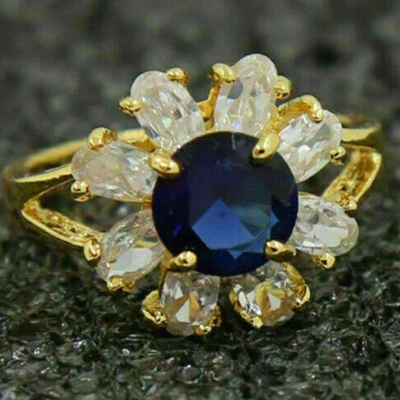 Blau Saphir Ring 2 Karat Rund Diamant Halo Verlobungsring Gelbgold-Finish Silber - Bild 1 von 4
