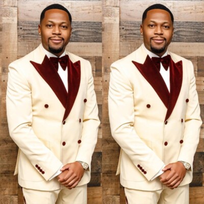 Men's Beige Suit Red Peak Collar Jacket Color Blocking Fashion Casual Style