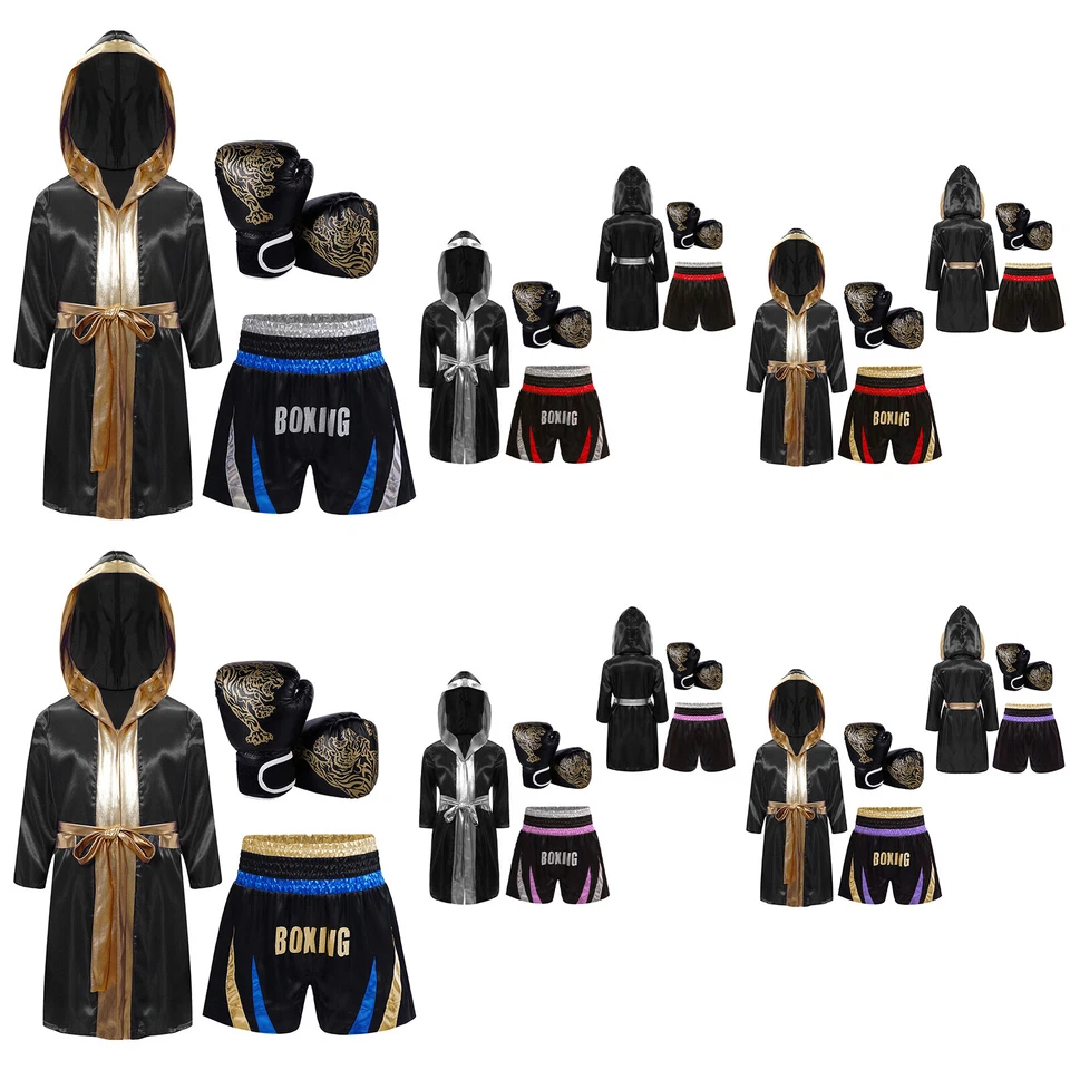 Kids Boys Set Satin Outfit Muay Thai Suit Belted Long Sleeve Kickboxing Robe - Image 3 of 3