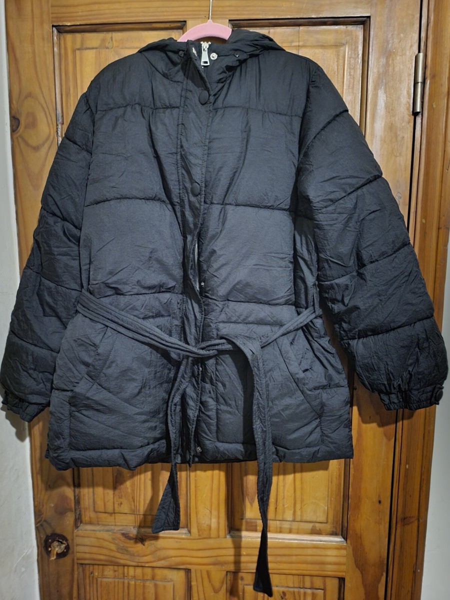 Womens New Look Puffer Jacket Black Size UK 18 Oversized Belted - Main Image