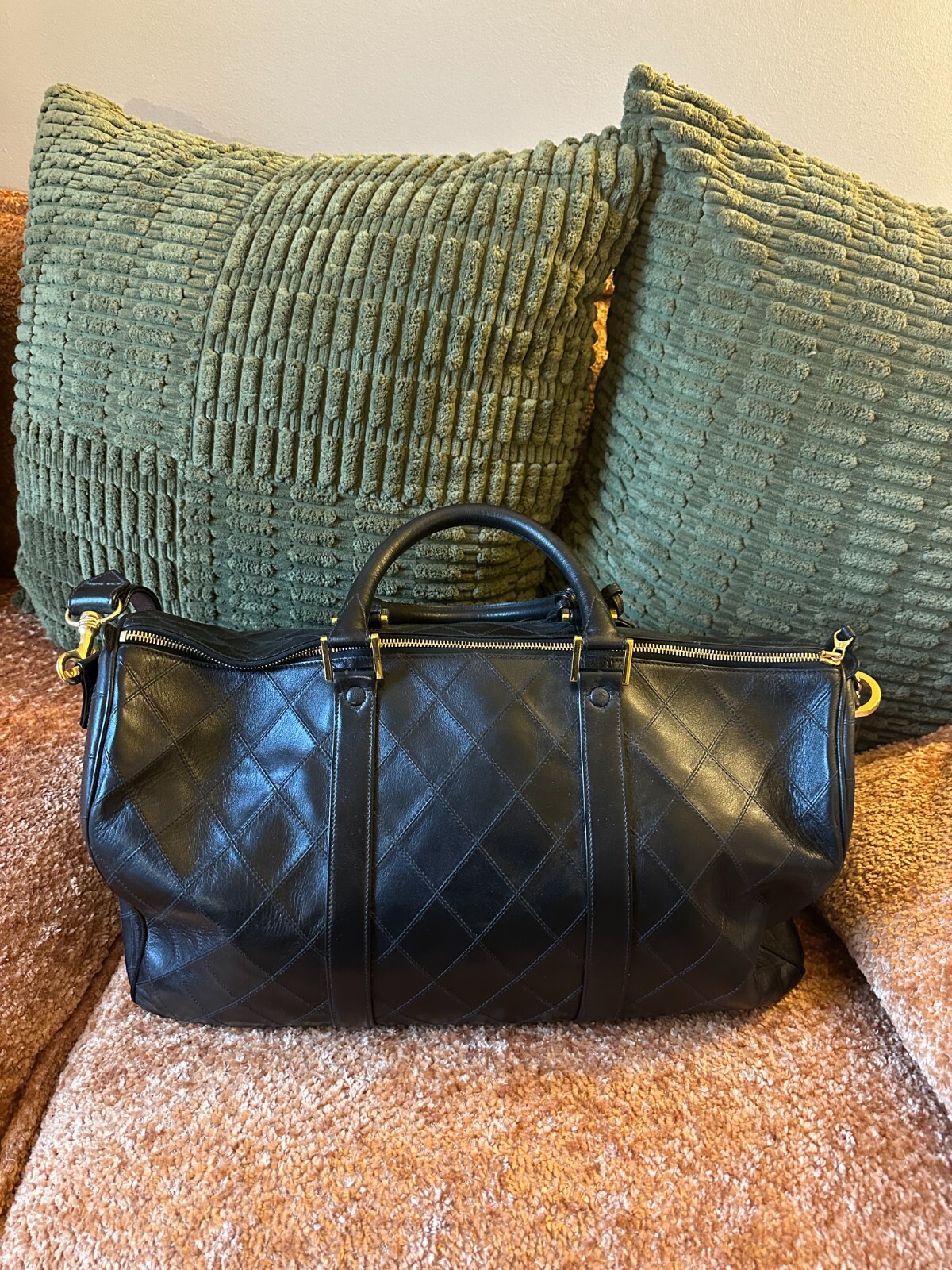 Vintage Chanel Black Quilted Lambskin Boston Duffle Bag with Strap