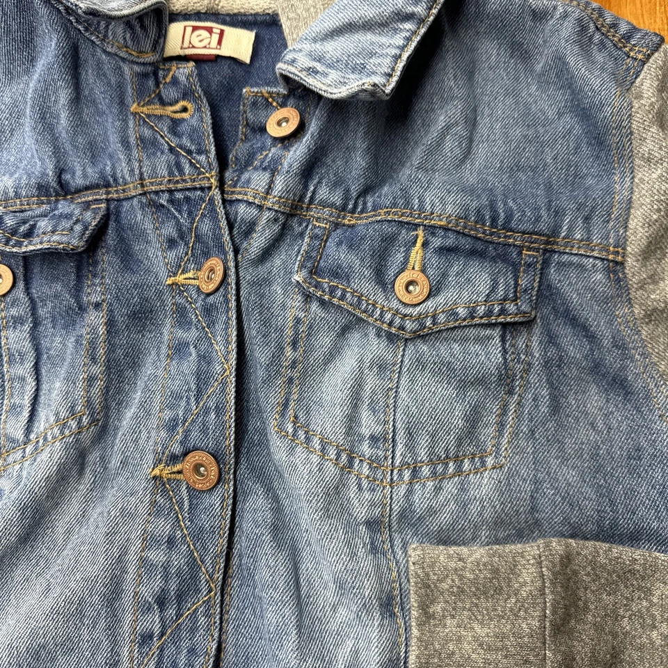 Lei Sweatshirt Long Sleeve Hooded Jean Jacket Juniors XXL Blue Gray Button Up - Image 2 of 4