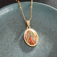 Vintage Golden Virgin Mary Oval Pendant Necklace, Gift for Religious Believers